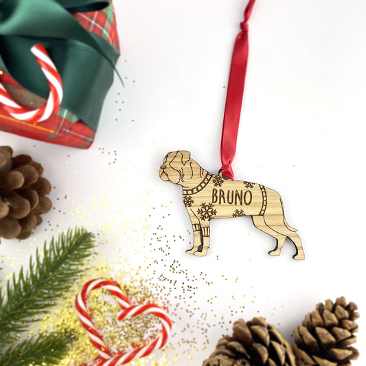 Personalised American Bulldog Bauble Jumper Dog Bauble - Oak Veneer Wood - Add any name