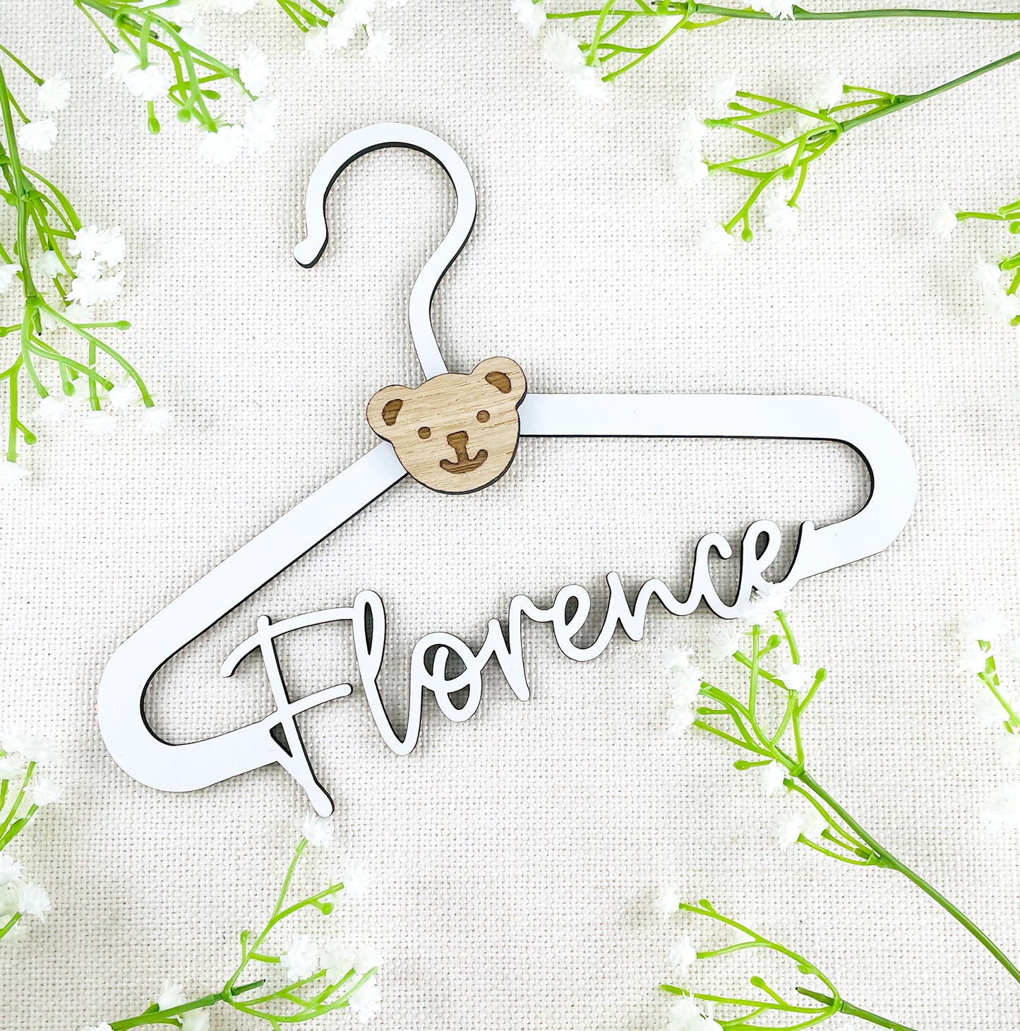Personalised New Baby Clothes Hanger Wooden Hanger with Bear Face - White Wood