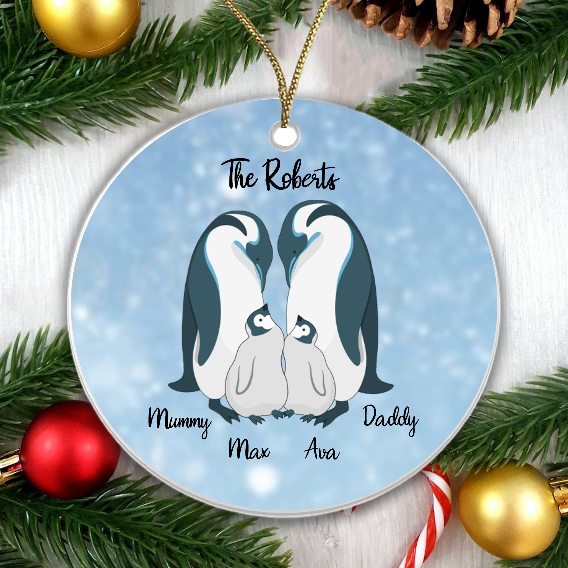 Personalised Penguin Family Blue Bauble - 2 Children