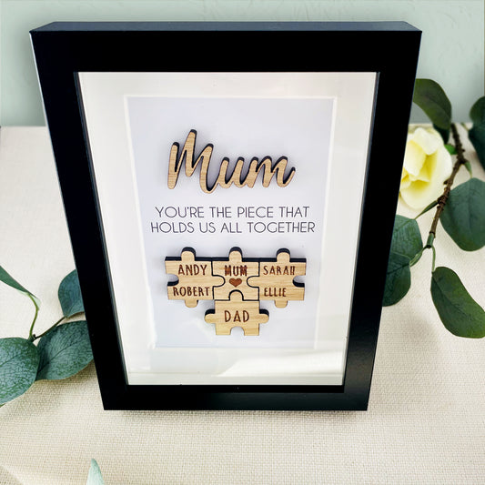 Personalised Mum Wooden 'You're the Piece That Holds Us Together' Mothers Day Puzzle Pieces Family Box Frame - Add your family names