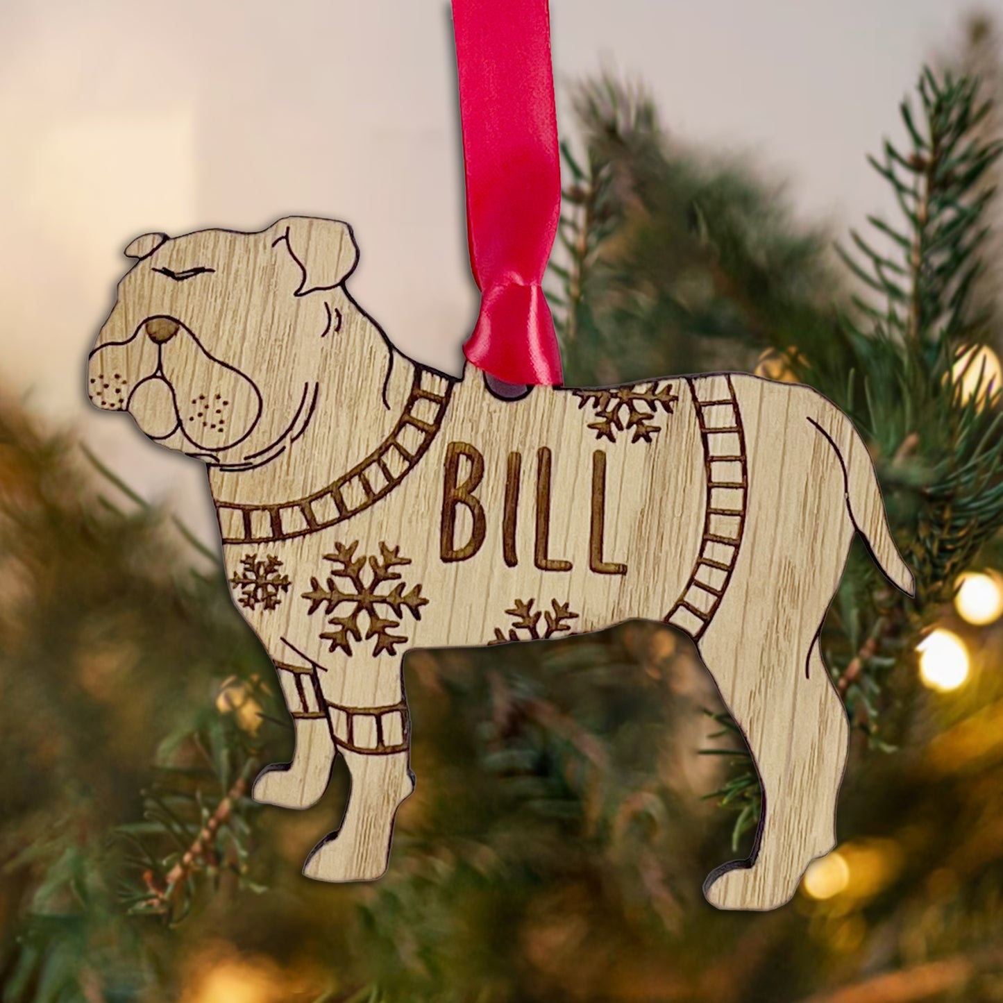 Personalised Bulldog Bauble Jumper Dog Bauble - Oak Veneer Wood - Add any name