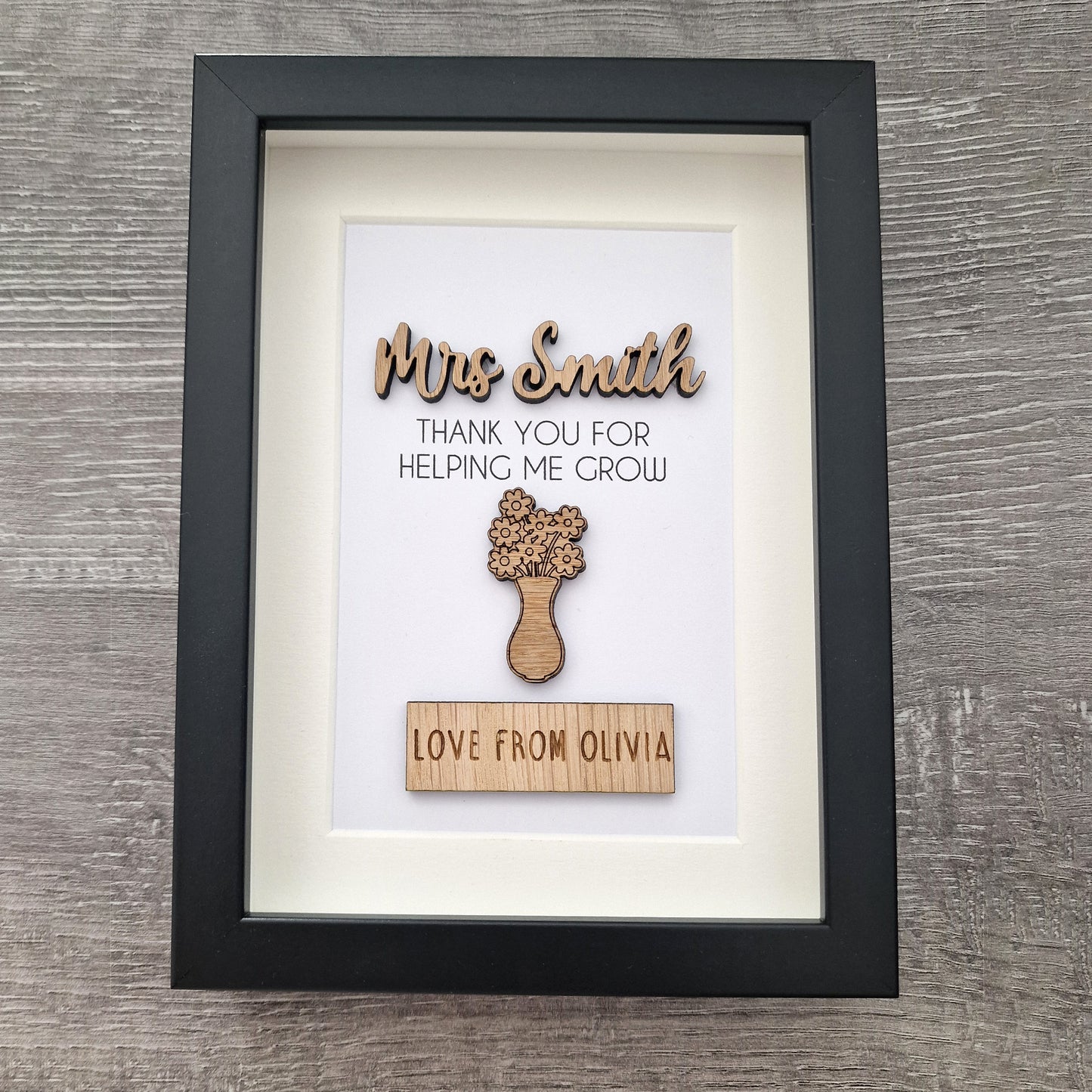 Personalised Teacher Thank You Frame, Wooden Box Frame with Custom Names, Thank You For Helping Me Grow, End of School Teacher's Day