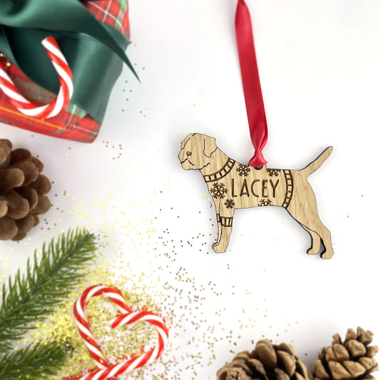 Personalised Border Terrier Bauble Jumper Dog Bauble - Oak Veneer Wood - Add any name