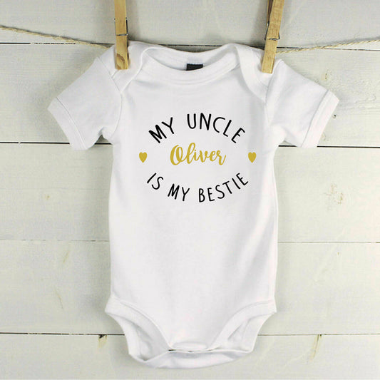 Personalised My Uncle is My Bestie Baby Grow Vest - Gold Text - New Baby - Baby Announcement