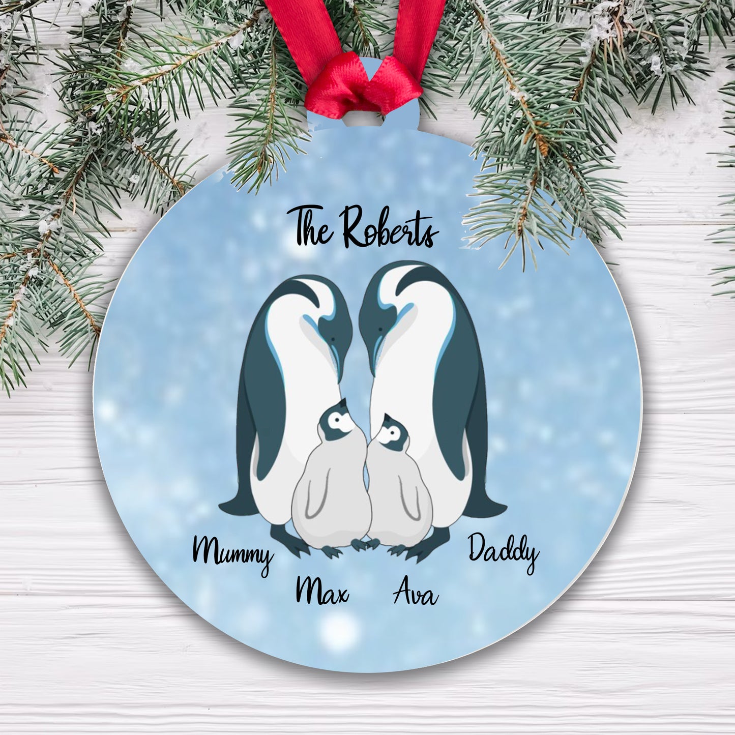 Personalised Penguin Family Blue Bauble - 2 Children