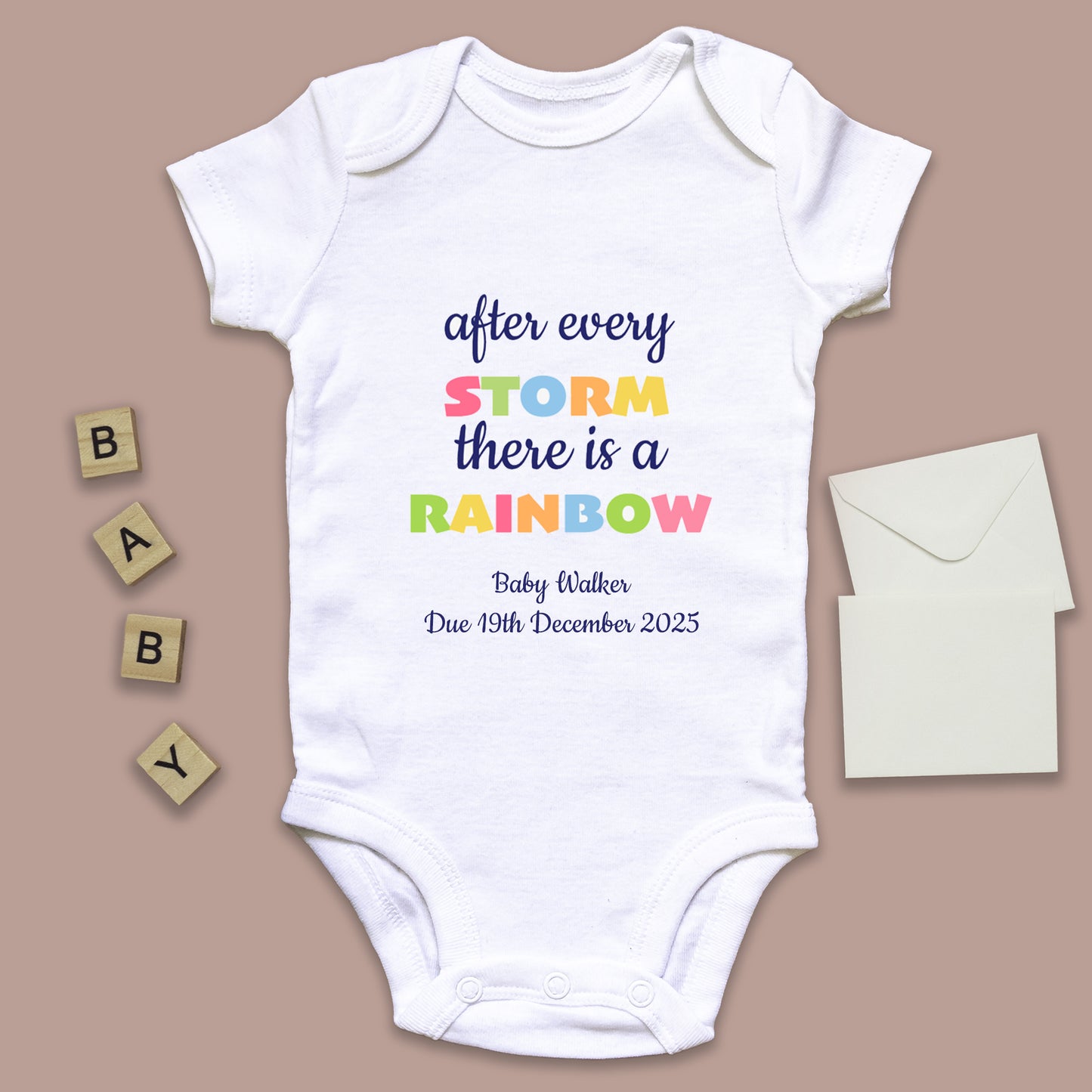 Personalised 'After Every Storm, There Is A Rainbow' Baby Announcement Baby Grow Vest Add any Name and Date - First Outfit - Rainbow Baby