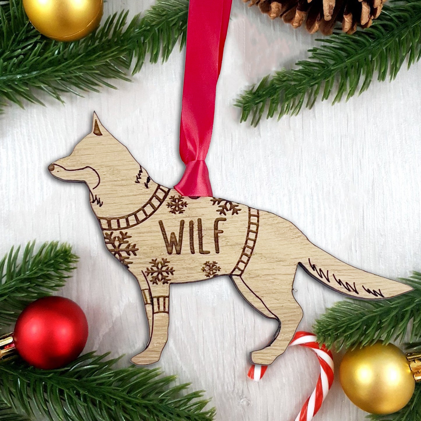 Personalised German Shepherd Bauble Jumper Dog Bauble - Oak Veneer Wood - Add any name
