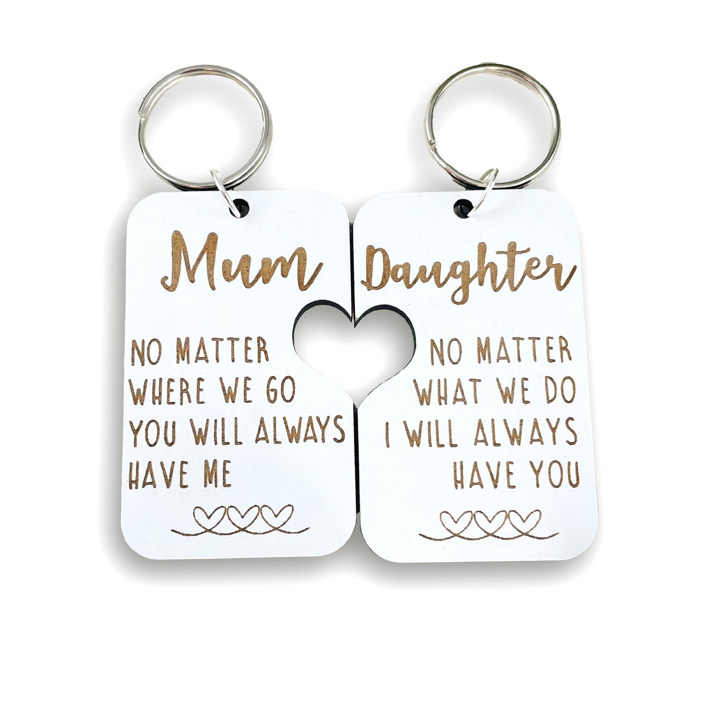 Mum & Daughter Keyring White Wood - Heart Cut Out - Mothers Day Gift