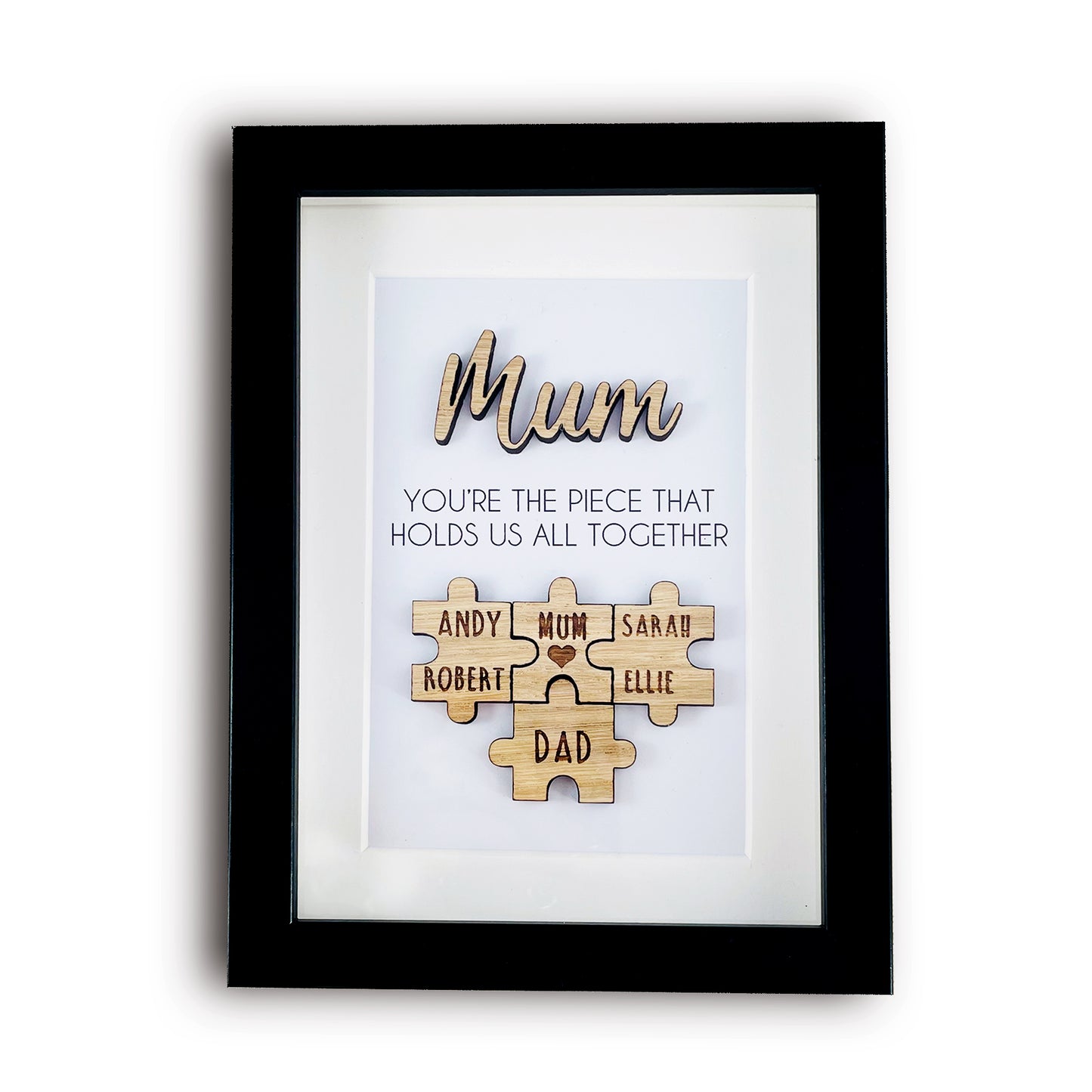 Personalised Mum Wooden 'You're the Piece That Holds Us Together' Mothers Day Puzzle Pieces Family Box Frame - Add your family names