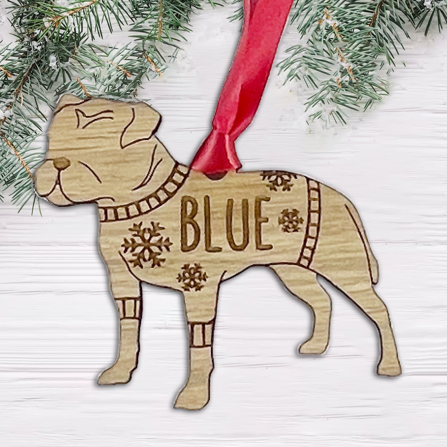Personalised Staffy Bauble Jumper Dog Bauble - Oak Veneer Wood - Add any name