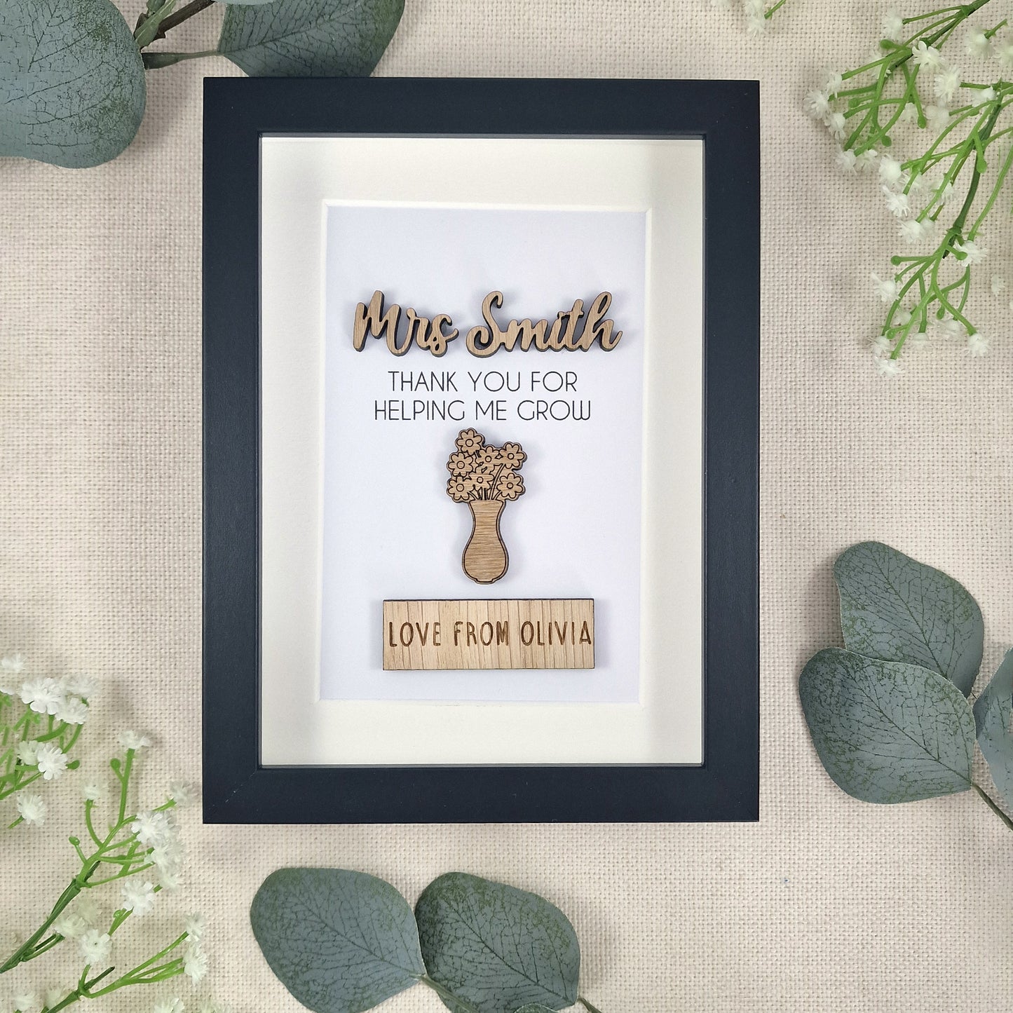 Personalised Teacher Thank You Frame, Wooden Box Frame with Custom Names, Thank You For Helping Me Grow, End of School Teacher's Day