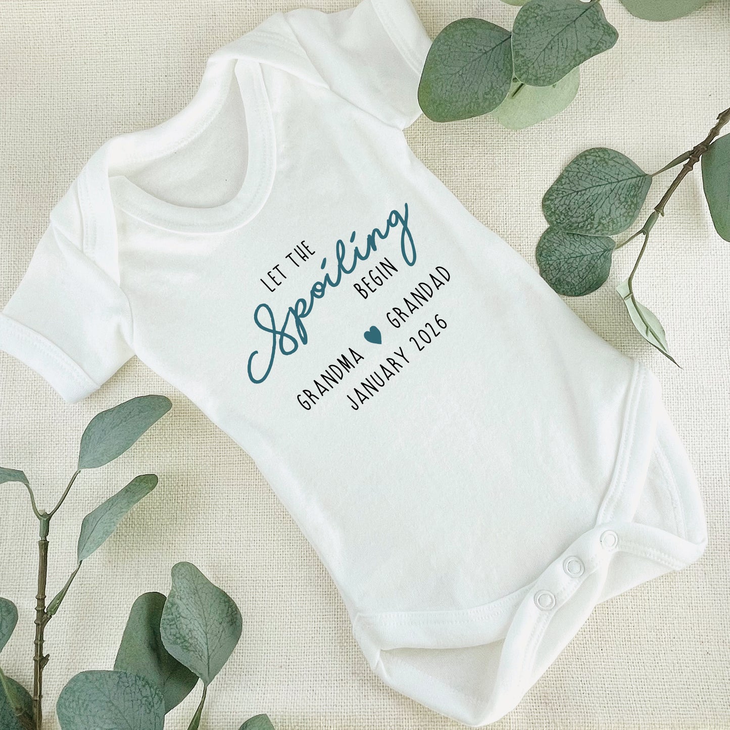 Personalised 'Let The Spoiling Begin' Baby Announcement Baby Grow Vest Add any Name and Date - First Outfit - Baby Shower - New Baby