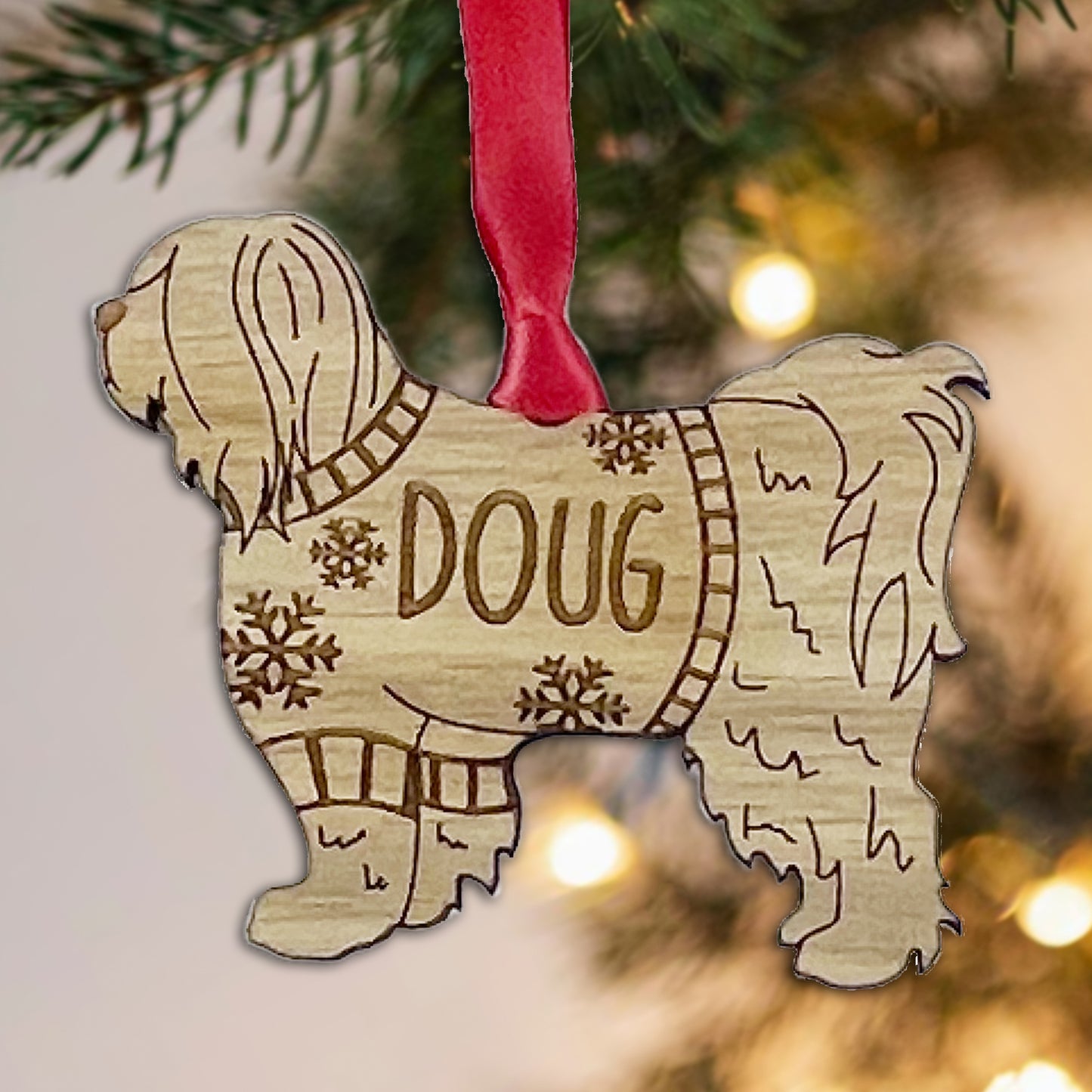 Personalised Tibetan Terrier Bauble Jumper Dog Bauble - Oak Veneer Wood - Add any name
