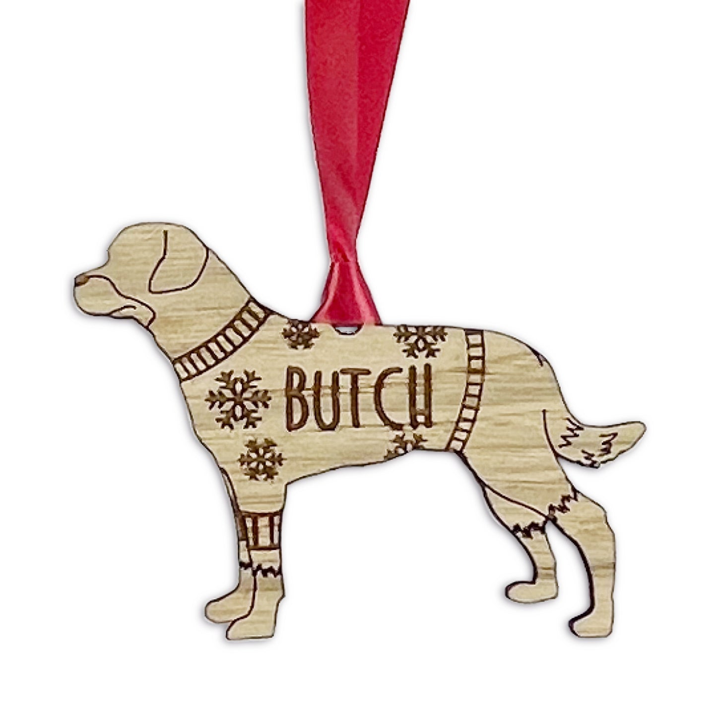 Personalised Rottweiler Bauble Jumper Dog Bauble - Oak Veneer Wood - Add any name
