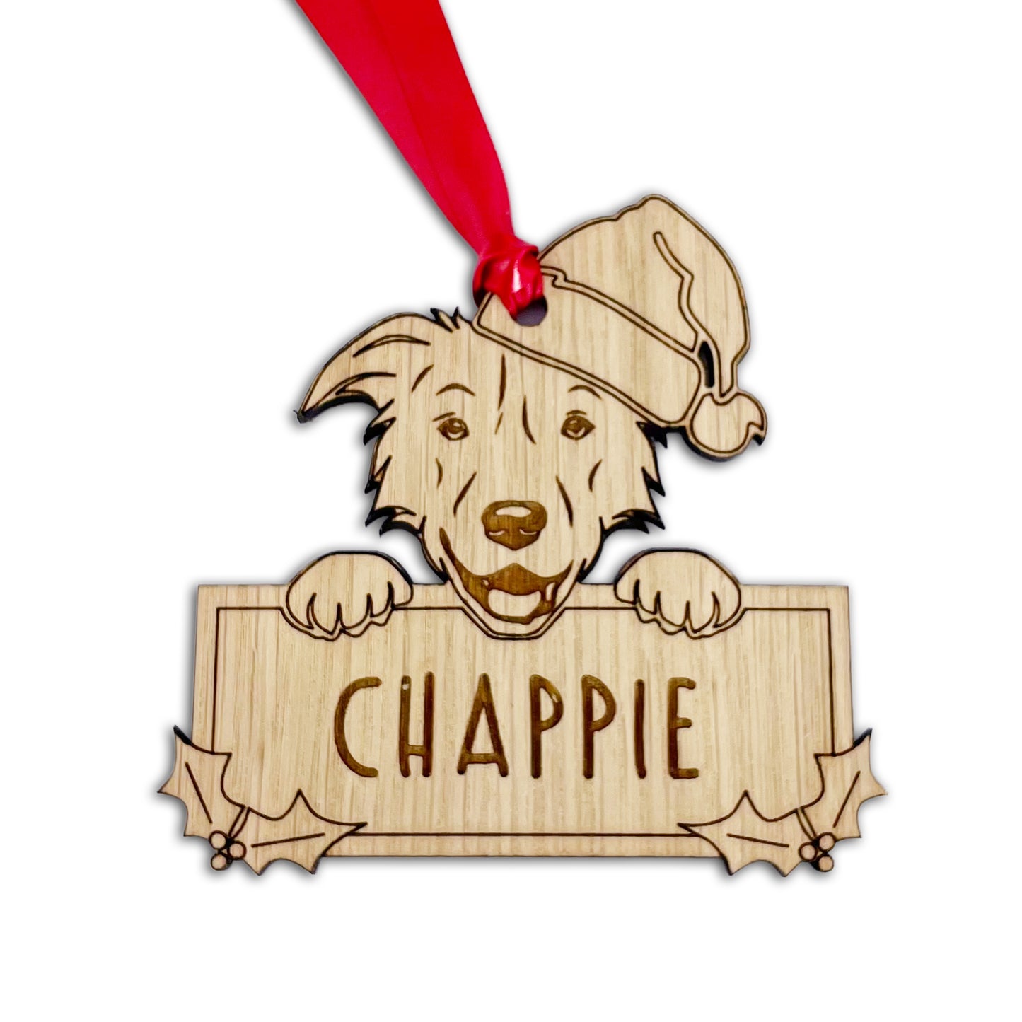 Personalised Border Collie Dog Bauble - Peeking Dog - Oak Veneer Wood - Add your own name!