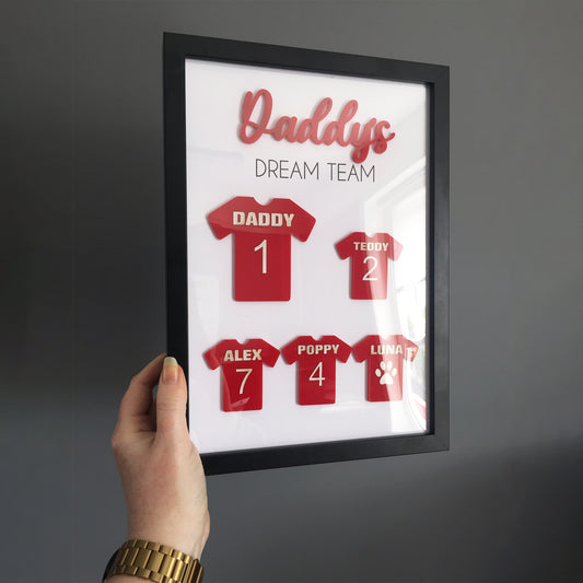 Personalised Dad's Dream Team Football Red Team Family Box Frame Fathers Day Birthday Daddy - Add your family names