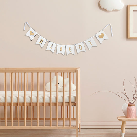 Personalised White Wood Name Bunting with Hearts - Nursery or Child's Room Decor - Add any Name!