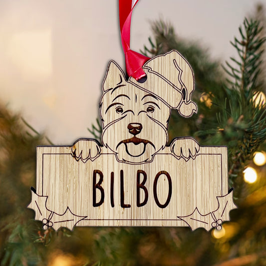 Personalised Westie Dog Bauble - Peeking Dog - Oak Veneer Wood - Add your own name!