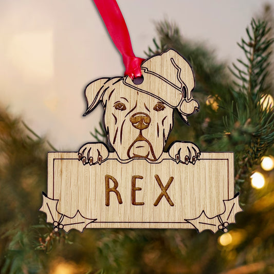 Personalised Boxer Dog Bauble - Peeking Dog - Oak Veneer Wood - Add your own name!