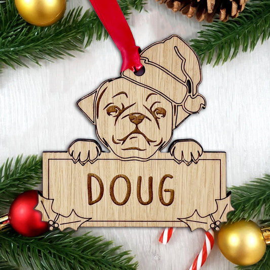 Personalised Pug Dog Bauble - Peeking Dog - Oak Veneer Wood - Add your own name!
