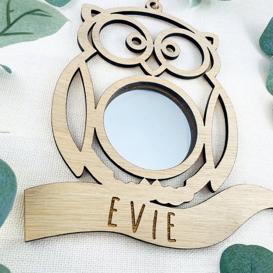 Personalised Oak Wood Owl Mirror - New Baby Gift - Nursery Decor - Bedroom Decor
