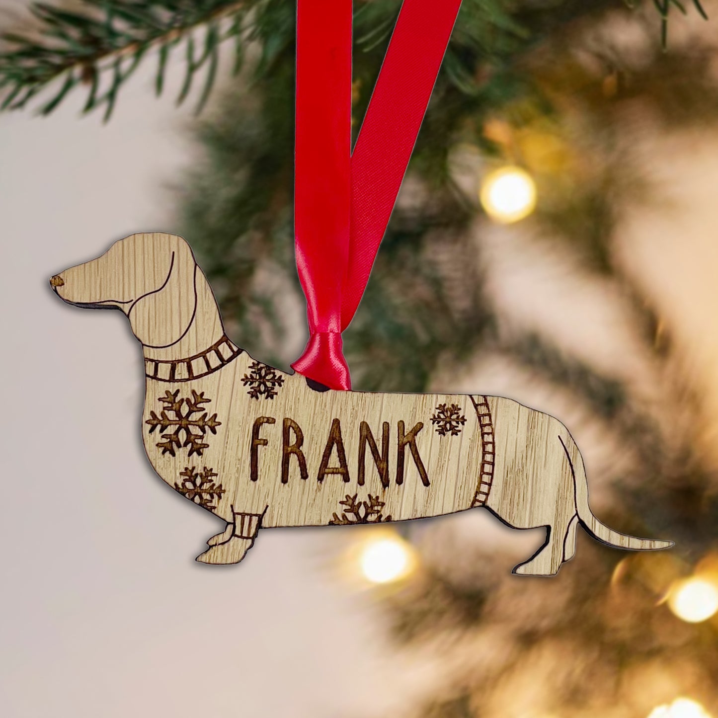 Personalised Dachshund Bauble Jumper Dog Bauble - Oak Veneer Wood - Add any name