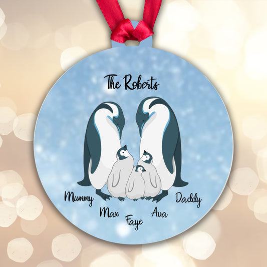 Personalised Penguin Family Blue Bauble - 3 Children
