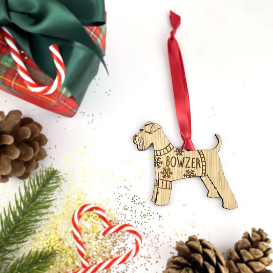Personalised Schnauzer Bauble Jumper Dog Bauble - Oak Veneer Wood - Add any name
