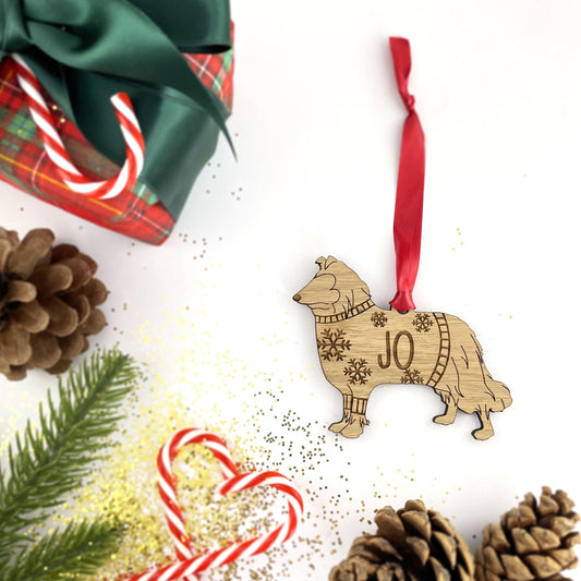 Personalised Rough Collie Bauble Jumper Dog Bauble - Oak Veneer Wood - Add any name