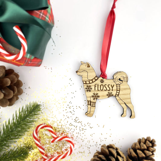 Personalised Akita Bauble Jumper Dog Bauble - Oak Veneer Wood - Add any name