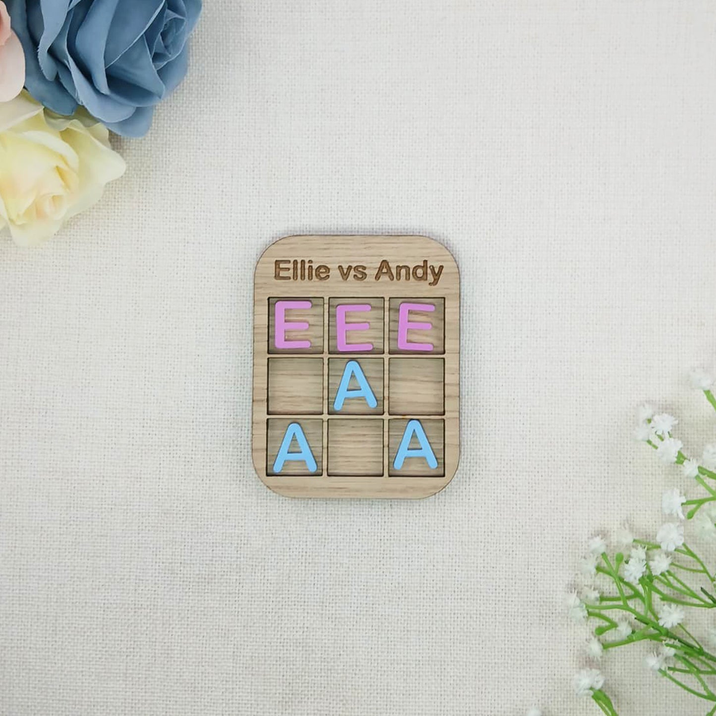 Personalised Initials Tic Tac Toe Style Mini Board Game - Valentine's Day Blue and Pink - Oak Wood and Acrylic - Anniversary - Birthday