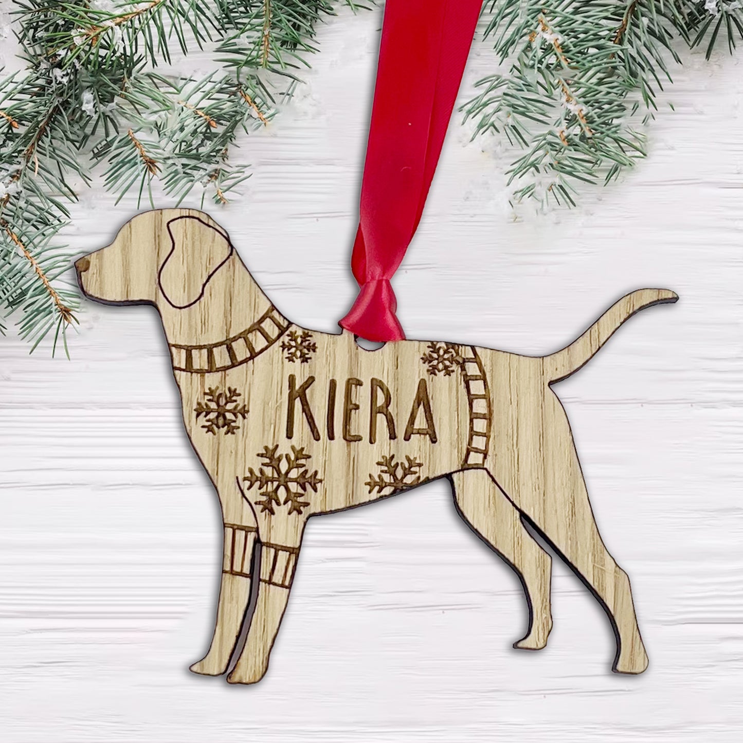 Personalised Labrador Bauble Jumper Dog Bauble - Oak Veneer Wood - Add any name