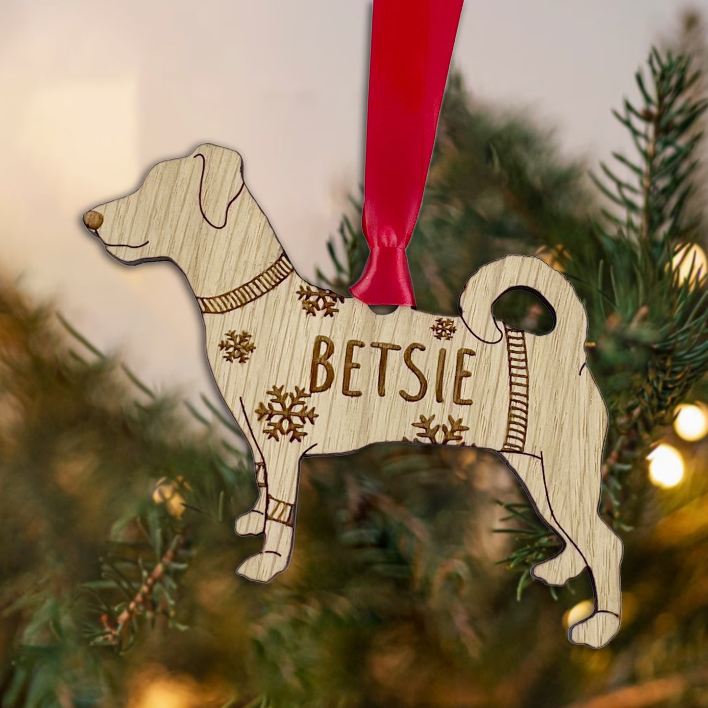 Personalised Jack Russell Bauble Jumper Dog Bauble - Oak Veneer Wood - Add any name