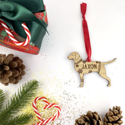 Personalised Chesapeake Bay Bauble Jumper Dog Bauble - Oak Veneer Wood - Add any name