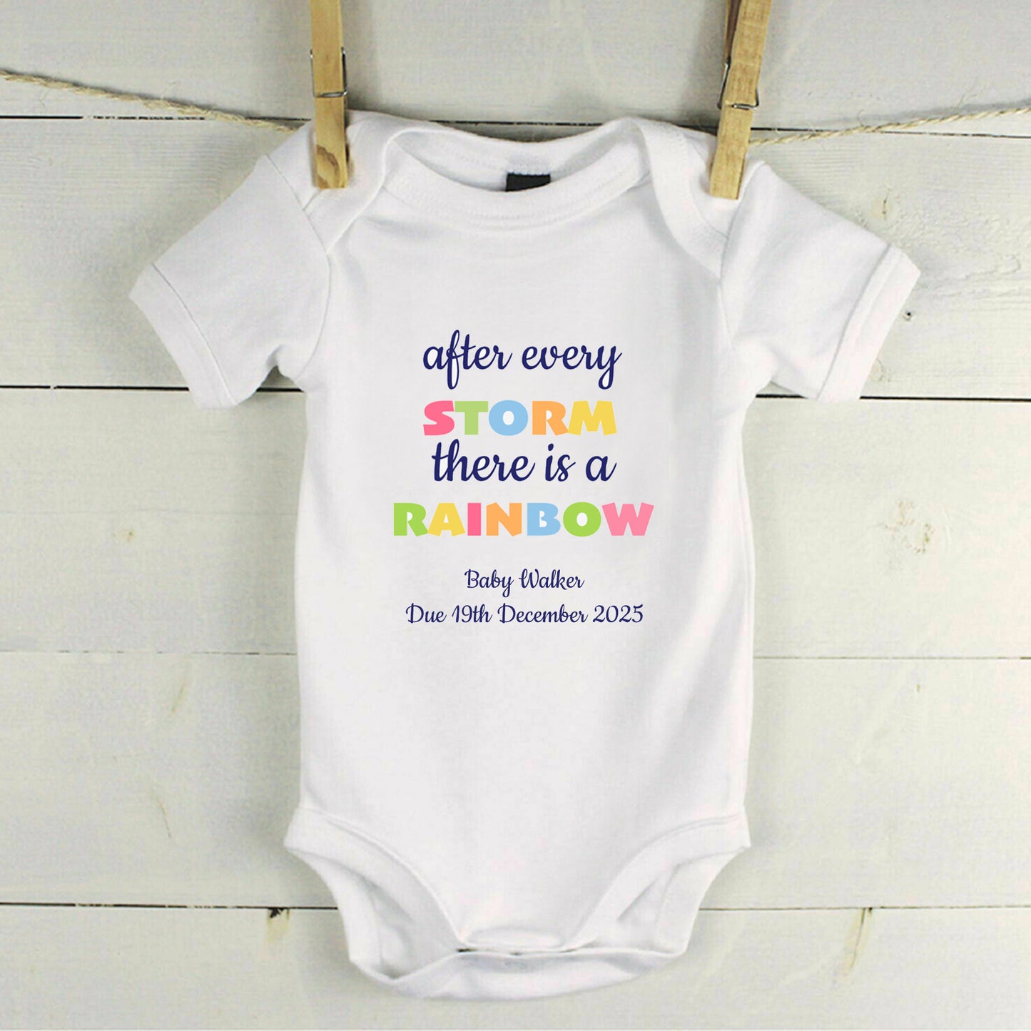 Personalised 'After Every Storm, There Is A Rainbow' Baby Announcement Baby Grow Vest Add any Name and Date - First Outfit - Rainbow Baby