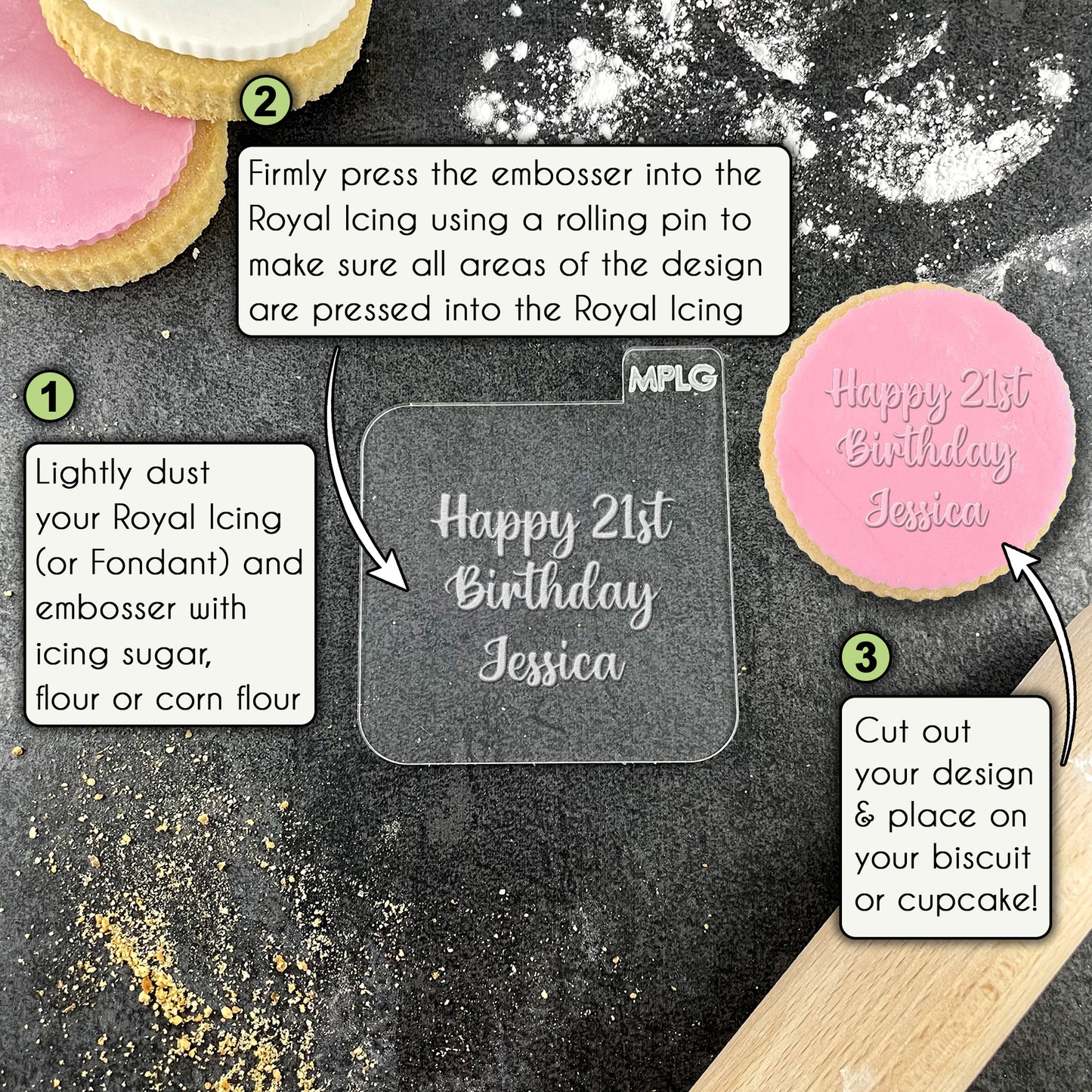 Personalised Name and Age Happy Birthday Icing Stamp Embosser Stamp Fondant for Biscuits, Cookies, Cupcake Topper Decoration Stencil