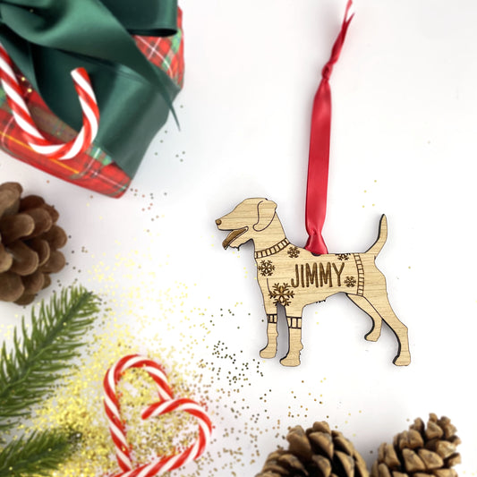 Personalised Patterdale Bauble Jumper Dog Bauble - Oak Veneer Wood - Add any name
