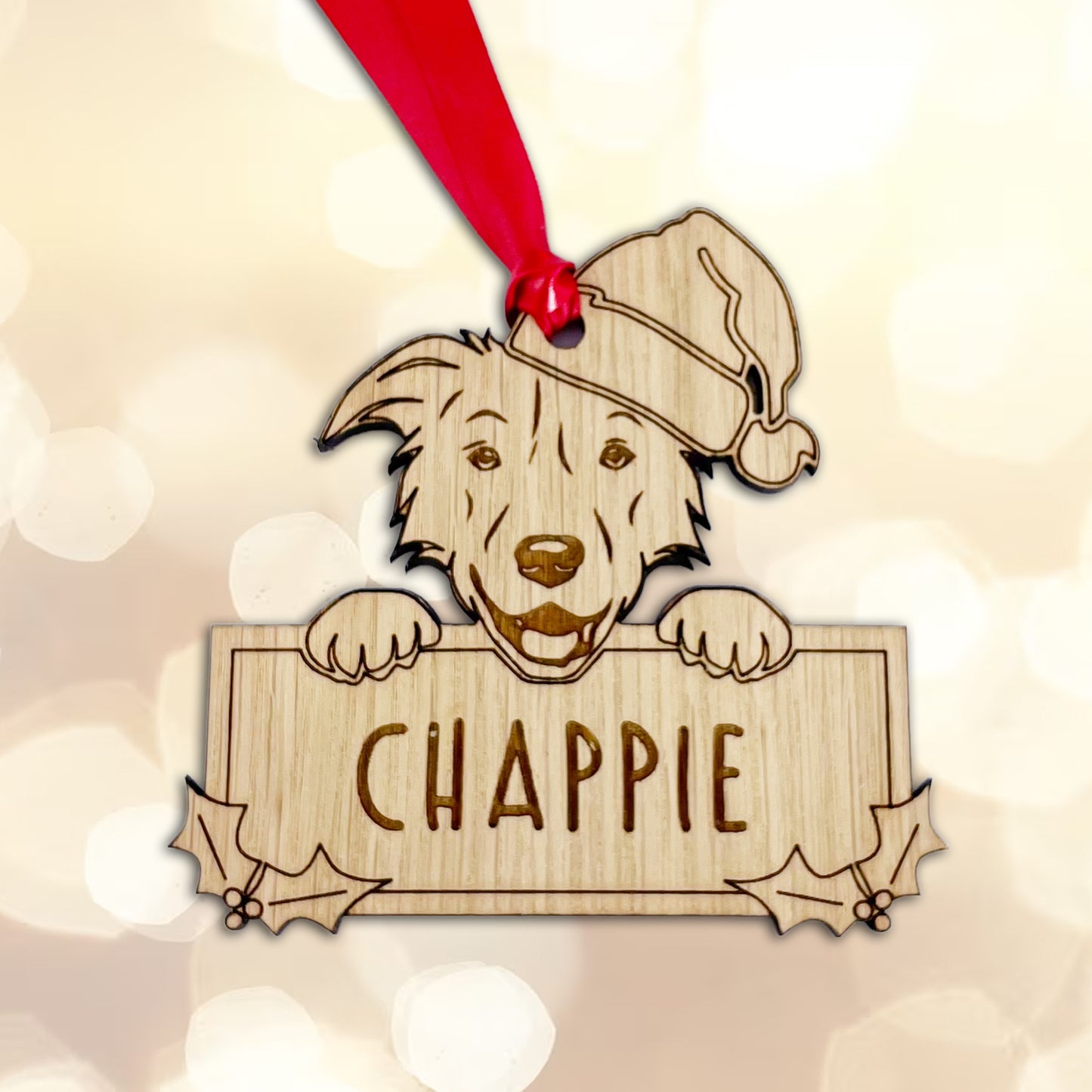 Personalised Border Collie Dog Bauble - Peeking Dog - Oak Veneer Wood - Add your own name!