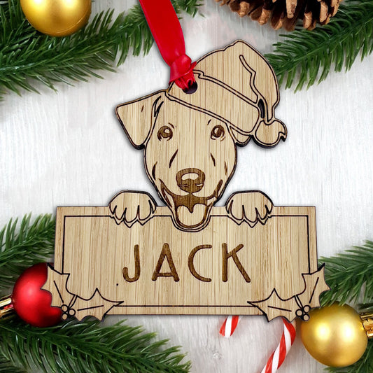 Personalised Jack Russell Dog Bauble - Peeking Dog - Oak Veneer Wood - Add your own name!