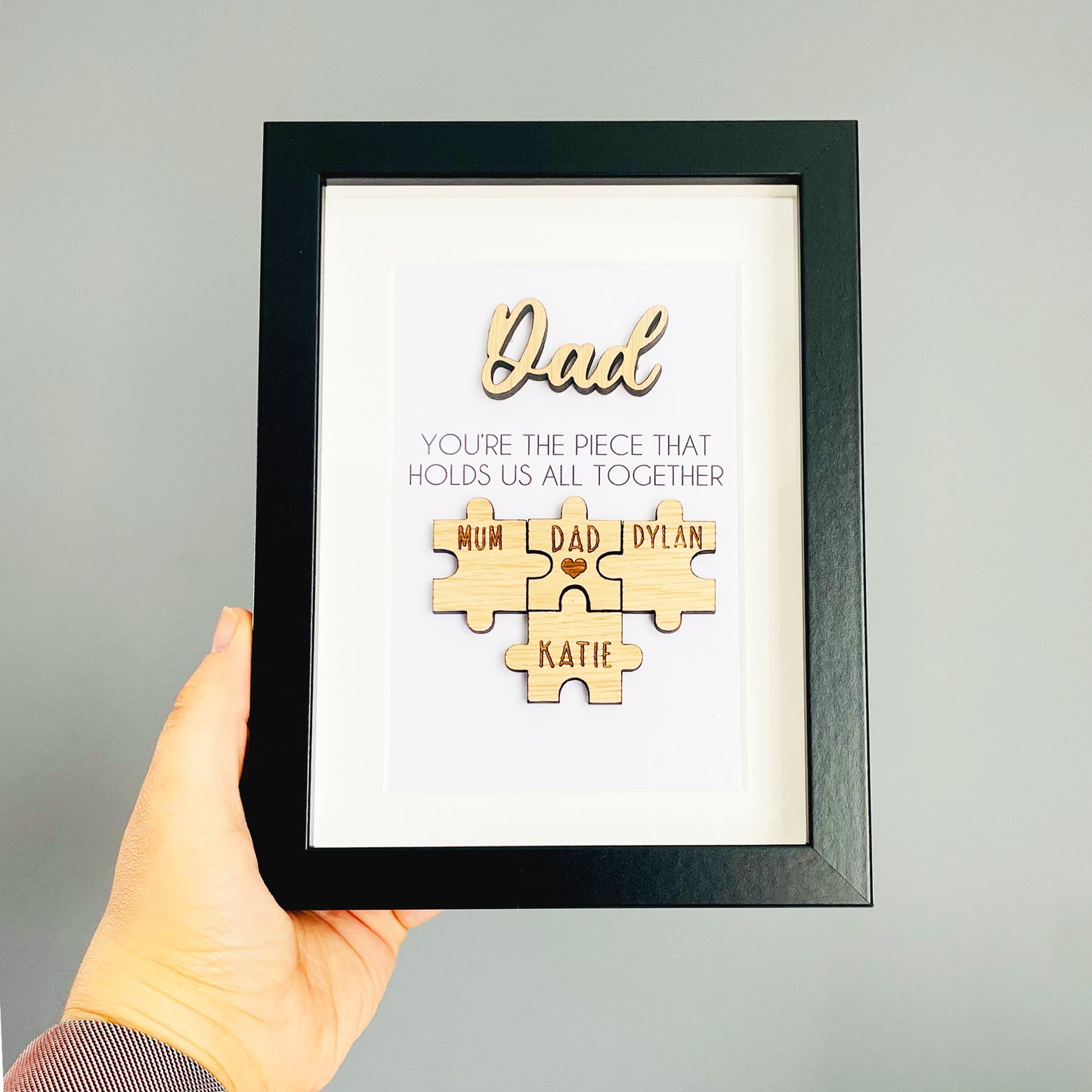 Personalised Dad Wooden 'You're the Piece That Holds Us Together' Father's Day Puzzle Pieces Family Box Frame - Add your family names