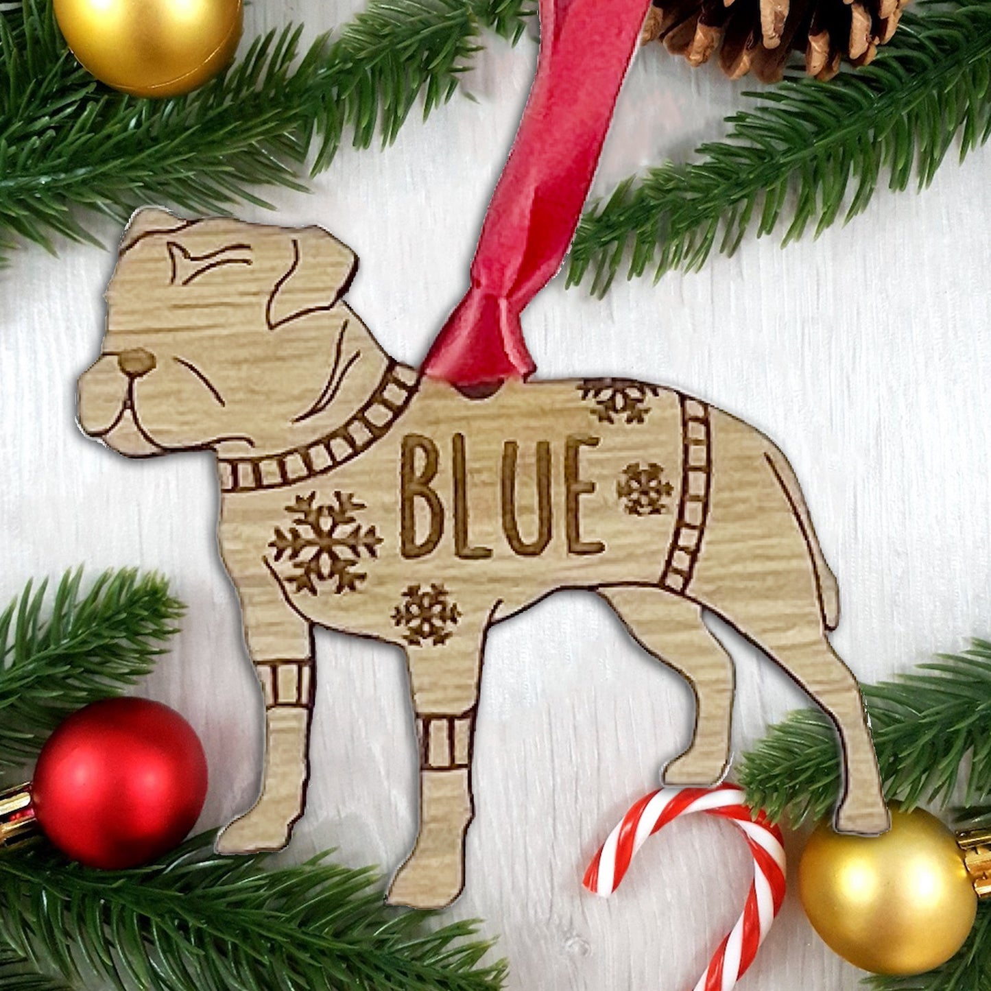 Personalised Staffy Bauble Jumper Dog Bauble - Oak Veneer Wood - Add any name