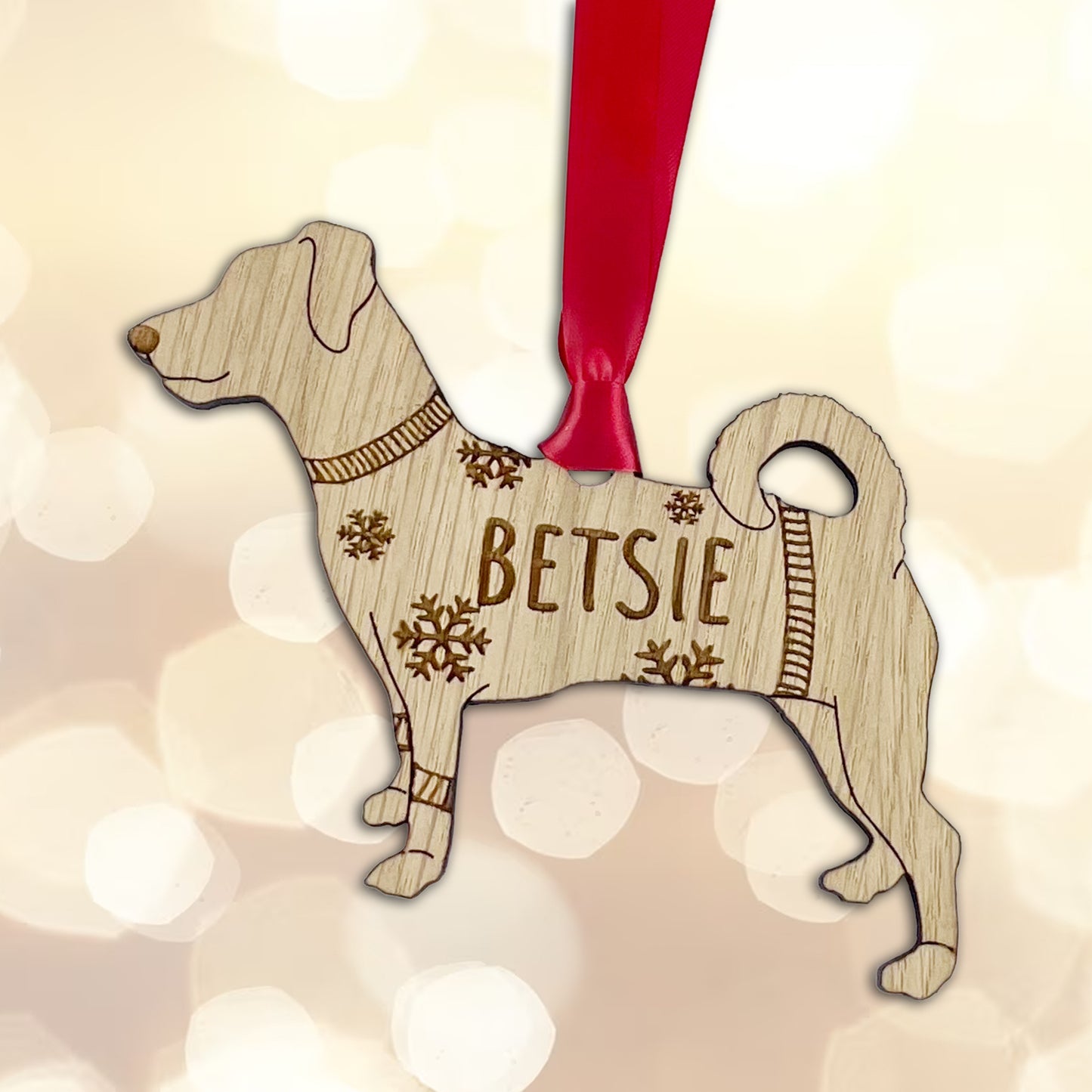 Personalised Jack Russell Bauble Jumper Dog Bauble - Oak Veneer Wood - Add any name