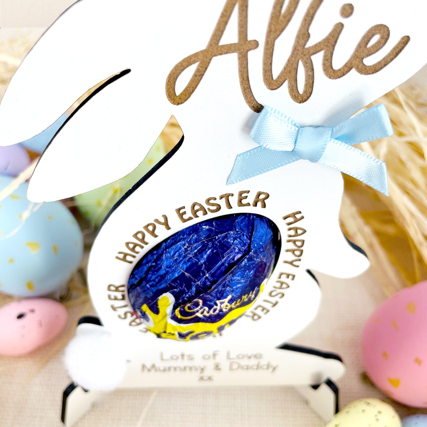 Personalised Easter Bunny White Wood Egg Holder with Easter Egg Display Stand