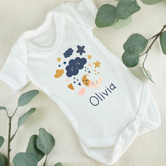 Personalised Moon and Stars Baby Announcement Baby Grow Add any Name First Outfit - Baby Shower - New Baby