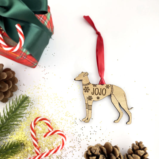 Personalised Greyhound Bauble Jumper Dog Bauble - Oak Veneer Wood - Add any name