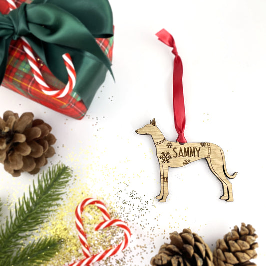 Personalised Podenco Bauble Jumper Dog Bauble - Oak Veneer Wood - Add any name
