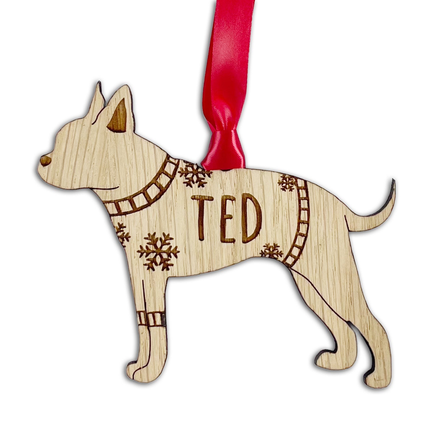 Personalised Boston Terrier Bauble Jumper Dog Bauble - Oak Veneer Wood - Add any name