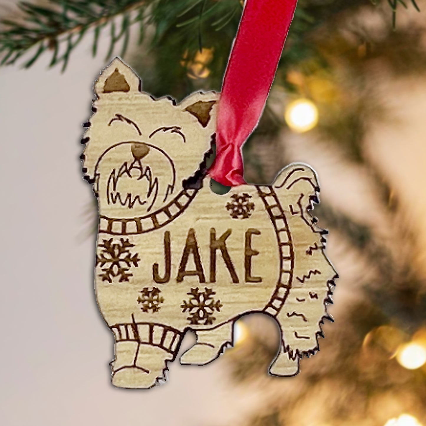 Personalised Yorkshire Terrier Bauble Jumper Dog Bauble - Oak Veneer Wood - Add any name