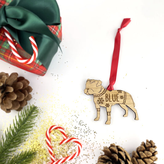 Personalised Staffy Bauble Jumper Dog Bauble - Oak Veneer Wood - Add any name