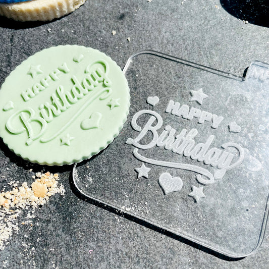 Happy Birthday Stars and Hearts Icing Stamp Embosser Stamp Fondant for Biscuits, Cookies, Cupcake Topper Decorations Stencil for Birthdays